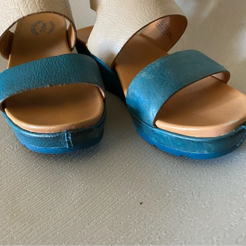 Kork-Ease leather wedge teal blue platform strap buckle sandals 8m